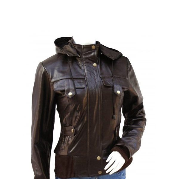 Women's Brown Hooded Leather Bomber Jacket