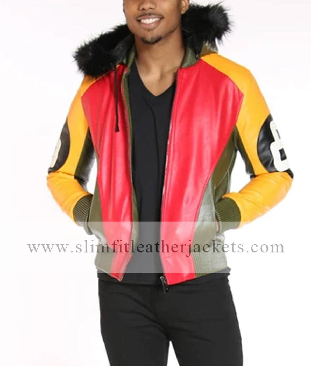 Men’s 8 Ball Fur Hood Leather Jacket