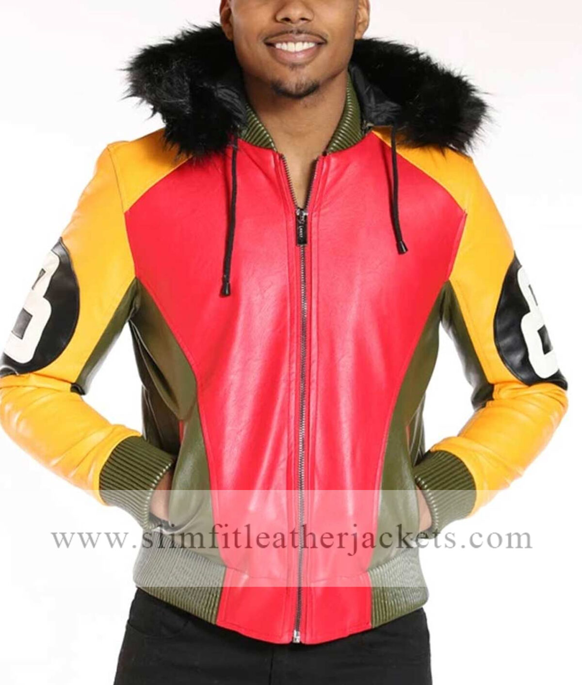 Men’s 8 Ball Fur Hood Leather Jacket