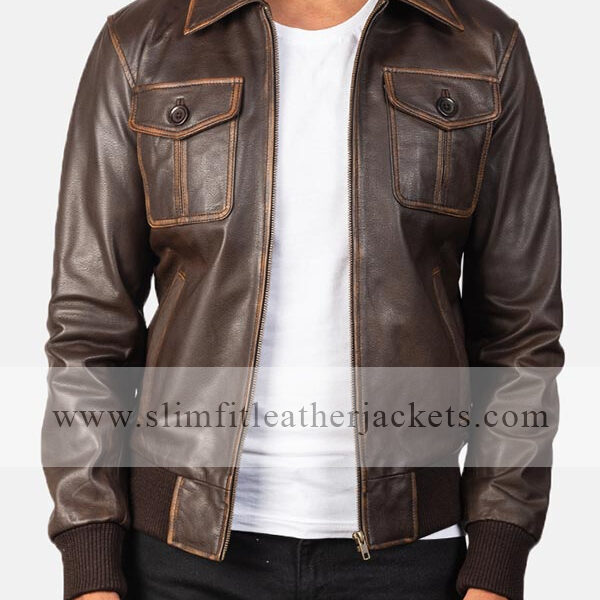 Mens Brown Distressed Leather Bomber Jacket