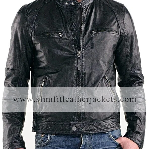 Men’s Real Sheepskin Leather Cafe Racer Biker Jacket
