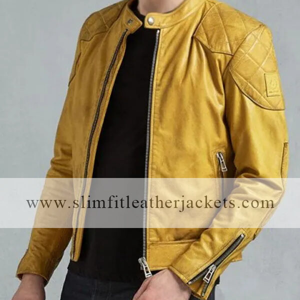 Mens Café Racer Yellow Leather Biker Jacket