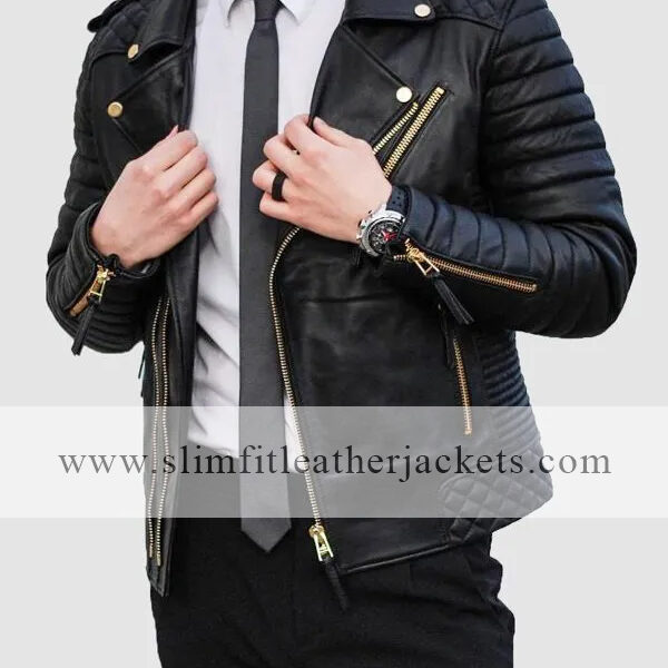 Mens Quilted Leather Biker Jacket
