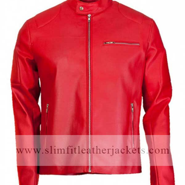 Mens Red Leather Cafe Racer Jacket
