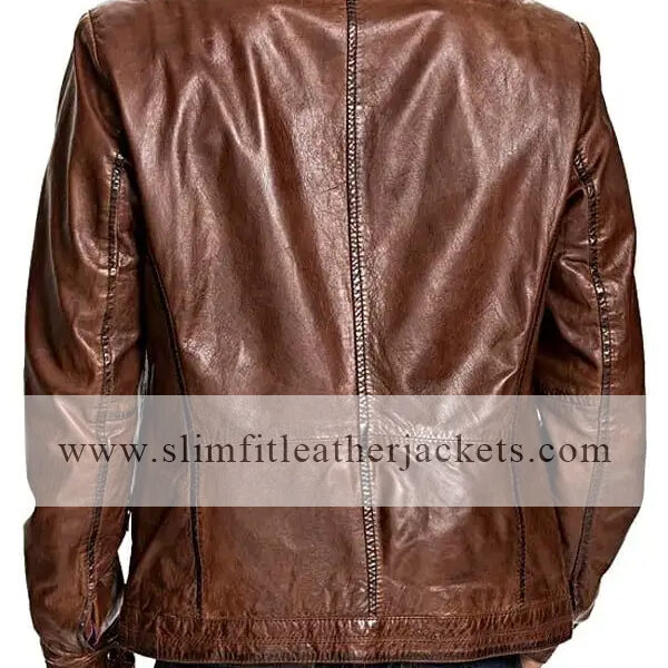 Mens Retro Style Cafe Racer Leather Biker Jacket