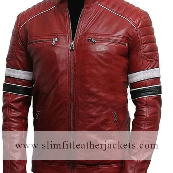Mens Striped Café Racer Biker Leather Jacket
