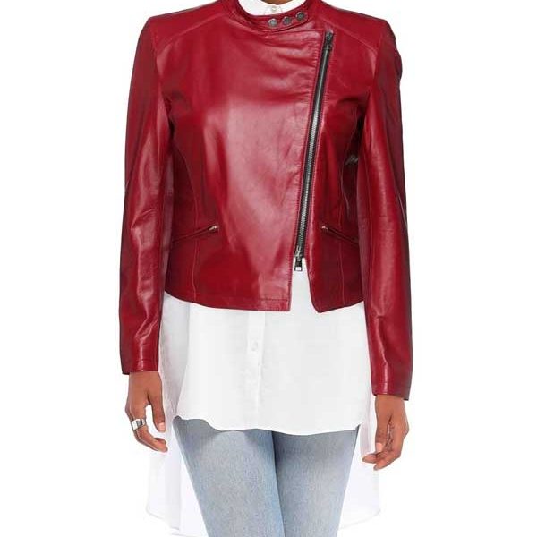 Women's Red Slim-fit Leather Cafe Racer Jacket