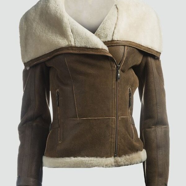 Women Fur Collar Brown Leather Jacket