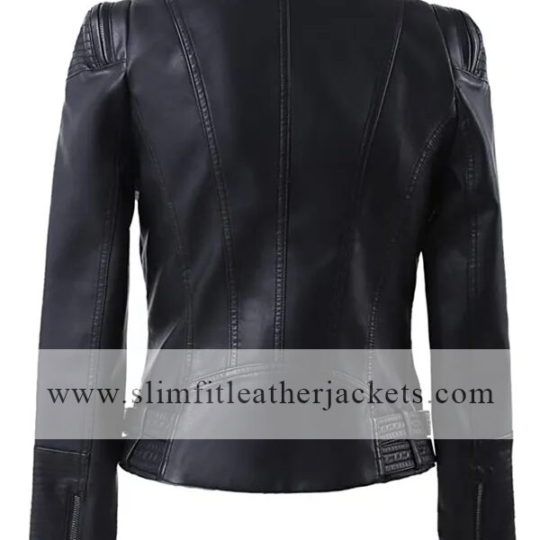 Women's Zip Up Black Leather Biker Jacket
