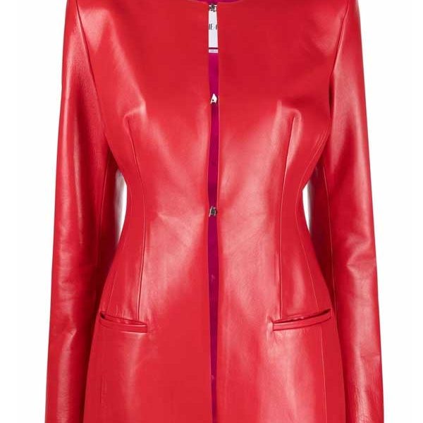 Women's Red Collarless Leather Jacket