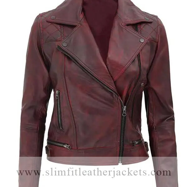 Womens Red Distressed Leather Motorcycle Jacket