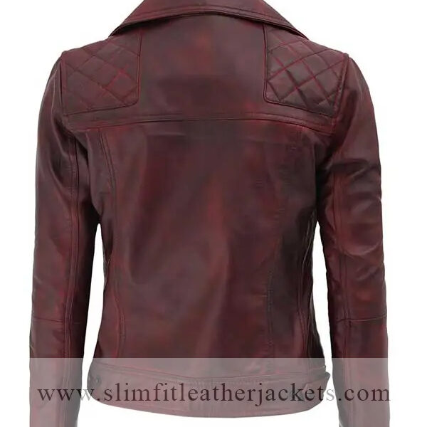Womens Red Distressed Leather Motorcycle Jacket